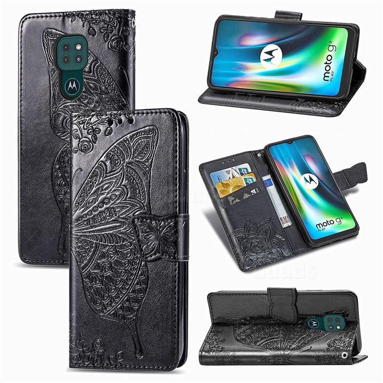 Embossing Mandala Flower Butterfly Leather Wallet Case for Motorola Moto G9 Play - Black