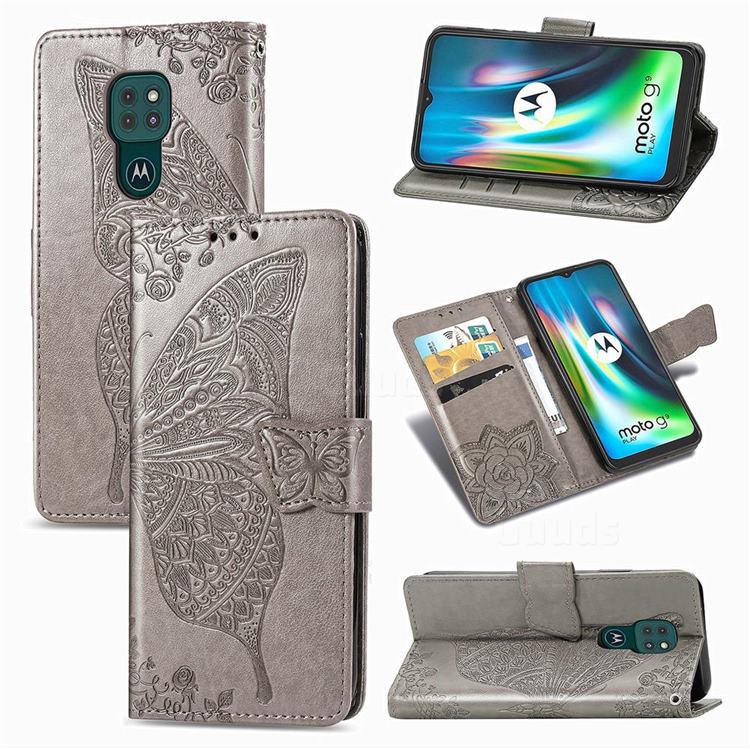 Embossing Mandala Flower Butterfly Leather Wallet Case for Motorola Moto G9 Play - Gray