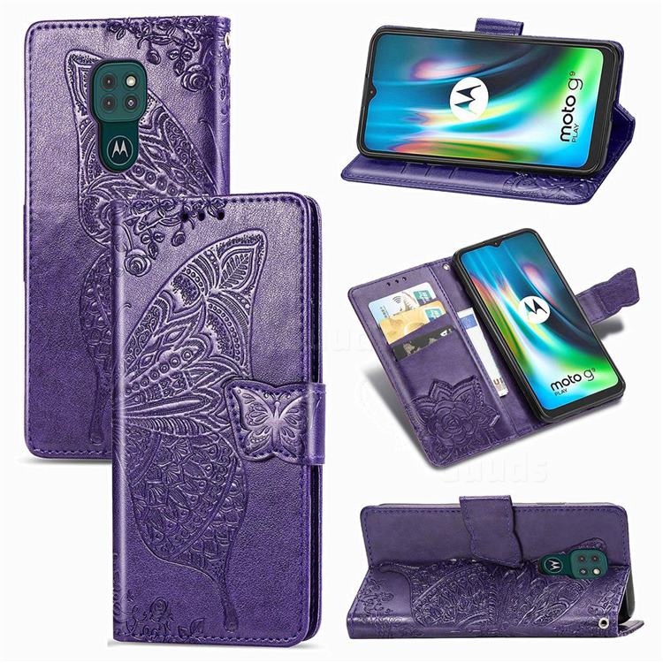 Embossing Mandala Flower Butterfly Leather Wallet Case for Motorola Moto G9 Play - Dark Purple