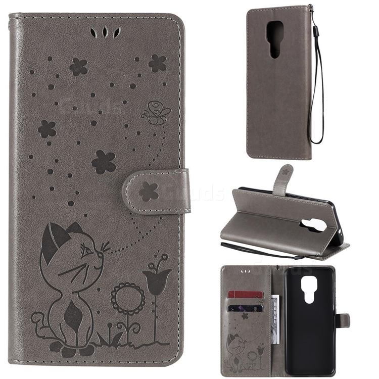 Embossing Bee and Cat Leather Wallet Case for Motorola Moto G9 Play - Gray