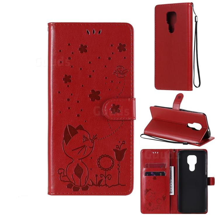 Embossing Bee and Cat Leather Wallet Case for Motorola Moto G9 Play - Red