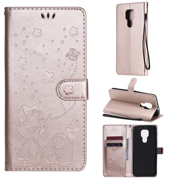 Embossing Bee and Cat Leather Wallet Case for Motorola Moto G9 Play - Rose Gold