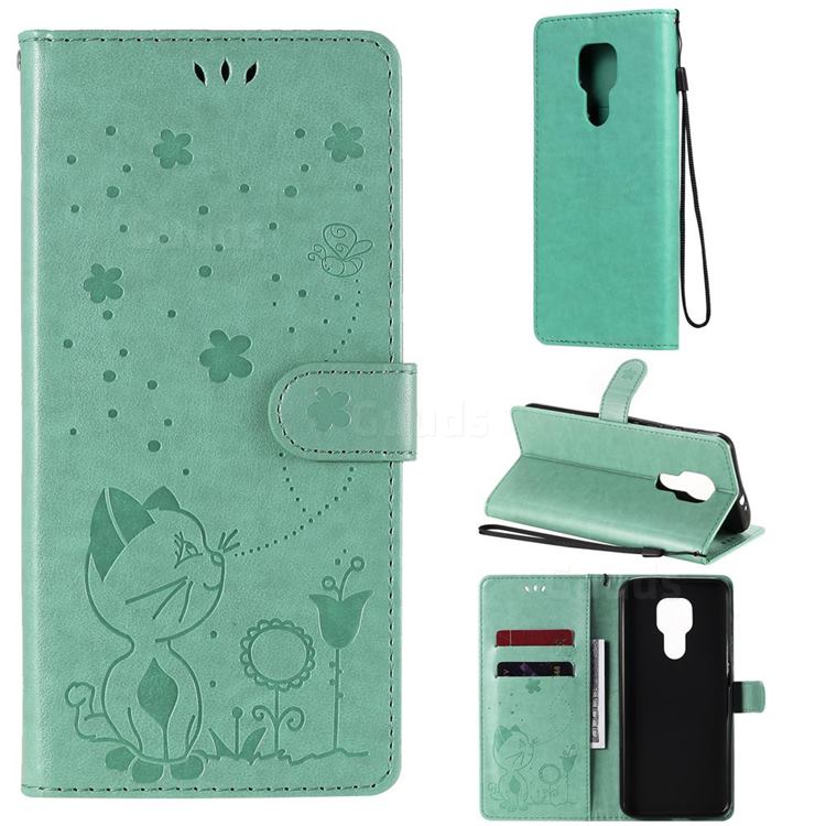 Embossing Bee and Cat Leather Wallet Case for Motorola Moto G9 Play - Green