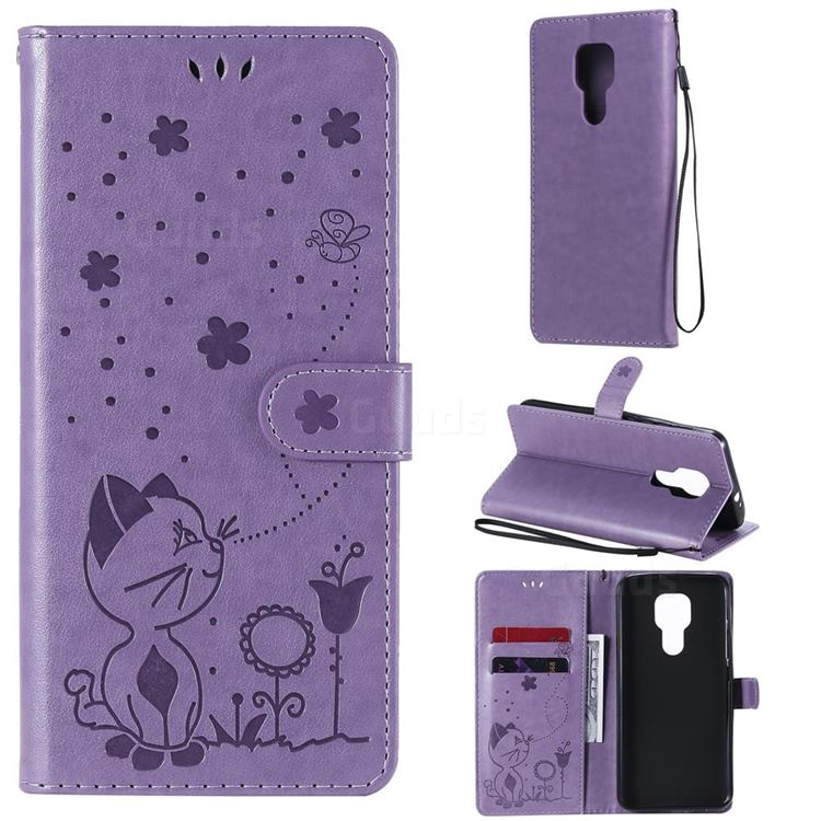 Embossing Bee and Cat Leather Wallet Case for Motorola Moto G9 Play - Purple