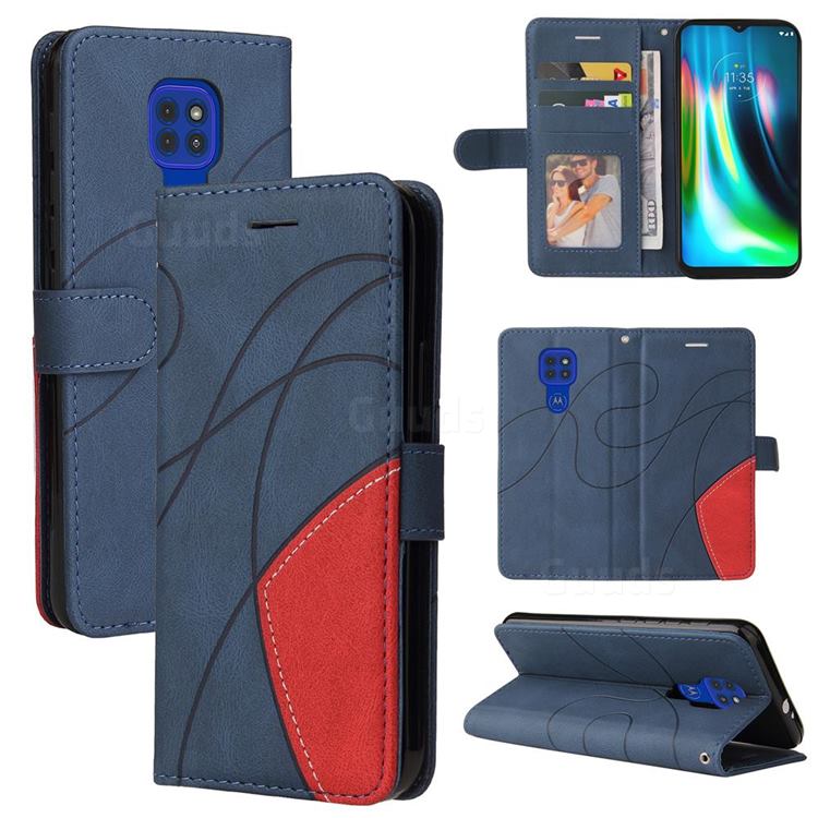 Luxury Two-color Stitching Leather Wallet Case Cover for Motorola Moto G9 Play - Blue