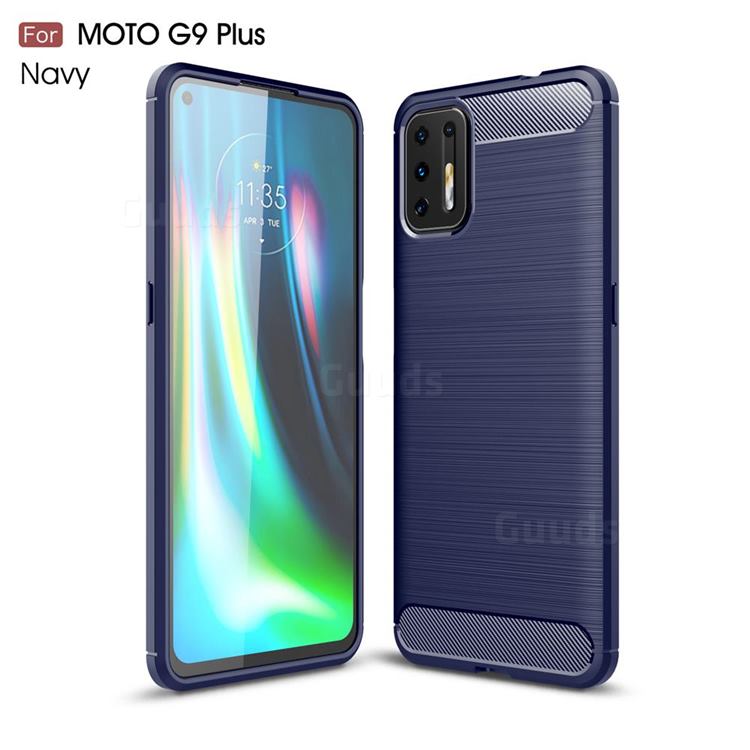 Luxury Carbon Fiber Brushed Wire Drawing Silicone TPU Back Cover for Motorola Moto G9 Plus - Navy