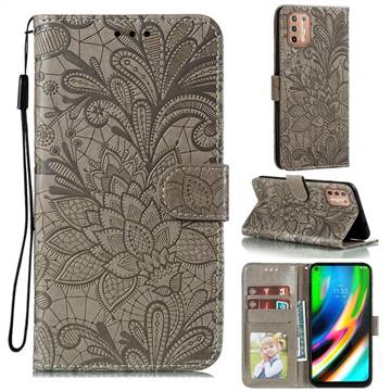 Intricate Embossing Lace Jasmine Flower Leather Wallet Case for Motorola Moto G9 Plus - Gray