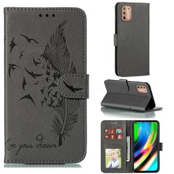 Intricate Embossing Lychee Feather Bird Leather Wallet Case for Motorola Moto G9 Plus - Gray