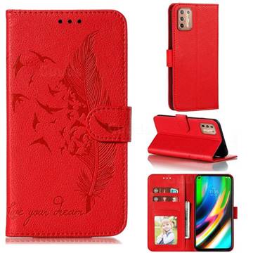 Intricate Embossing Lychee Feather Bird Leather Wallet Case for Motorola Moto G9 Plus - Red