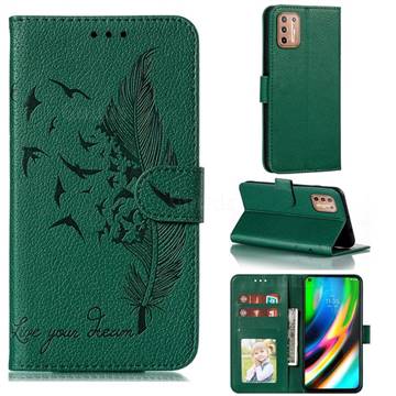 Intricate Embossing Lychee Feather Bird Leather Wallet Case for Motorola Moto G9 Plus - Green