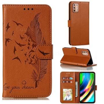 Intricate Embossing Lychee Feather Bird Leather Wallet Case for Motorola Moto G9 Plus - Brown