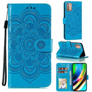 Intricate Embossing Datura Solar Leather Wallet Case for Motorola Moto G9 Plus - Blue