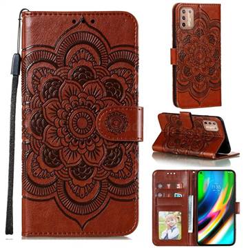 Intricate Embossing Datura Solar Leather Wallet Case for Motorola Moto G9 Plus - Brown