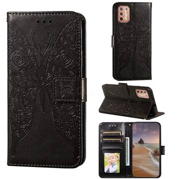 Intricate Embossing Rose Flower Butterfly Leather Wallet Case for Motorola Moto G9 Plus - Black
