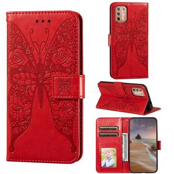 Intricate Embossing Rose Flower Butterfly Leather Wallet Case for Motorola Moto G9 Plus - Red