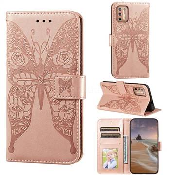 Intricate Embossing Rose Flower Butterfly Leather Wallet Case for Motorola Moto G9 Plus - Rose Gold