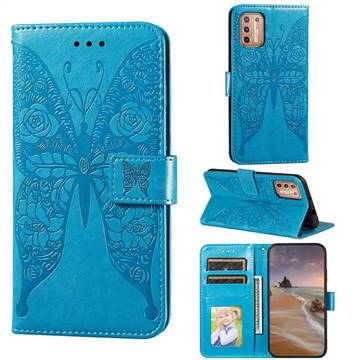 Intricate Embossing Rose Flower Butterfly Leather Wallet Case for Motorola Moto G9 Plus - Blue