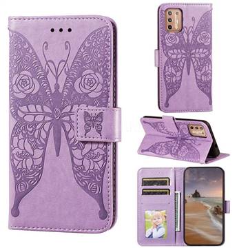 Intricate Embossing Rose Flower Butterfly Leather Wallet Case for Motorola Moto G9 Plus - Purple