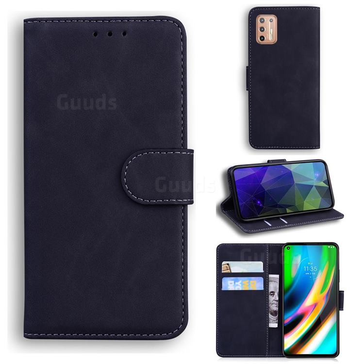 Retro Classic Skin Feel Leather Wallet Phone Case for Motorola Moto G9 Plus - Black