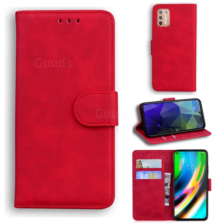 Retro Classic Skin Feel Leather Wallet Phone Case for Motorola Moto G9 Plus - Red
