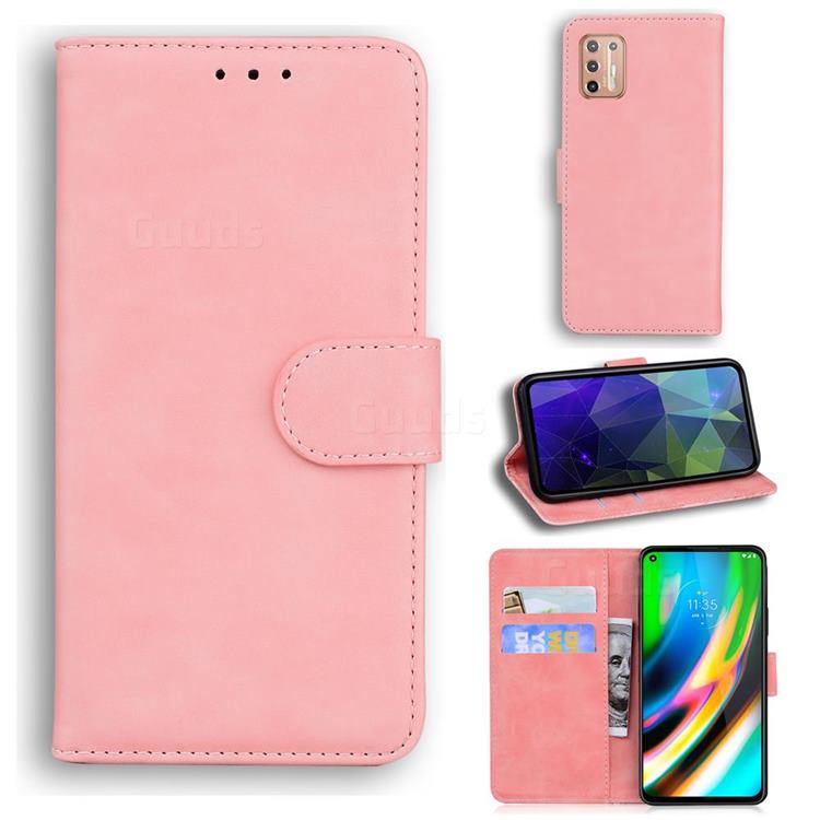 Retro Classic Skin Feel Leather Wallet Phone Case for Motorola Moto G9 Plus - Pink