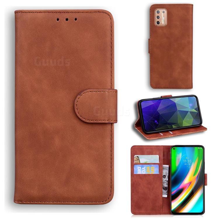 Retro Classic Skin Feel Leather Wallet Phone Case for Motorola Moto G9 Plus - Brown