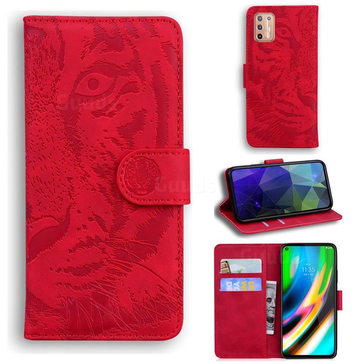 Intricate Embossing Tiger Face Leather Wallet Case for Motorola Moto G9 Plus - Red