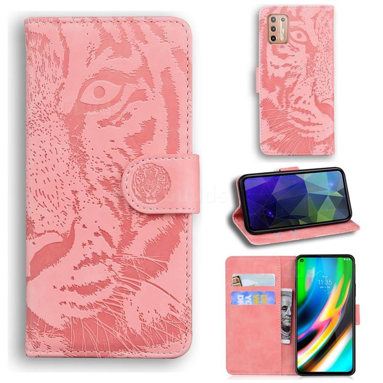 Intricate Embossing Tiger Face Leather Wallet Case for Motorola Moto G9 Plus - Pink