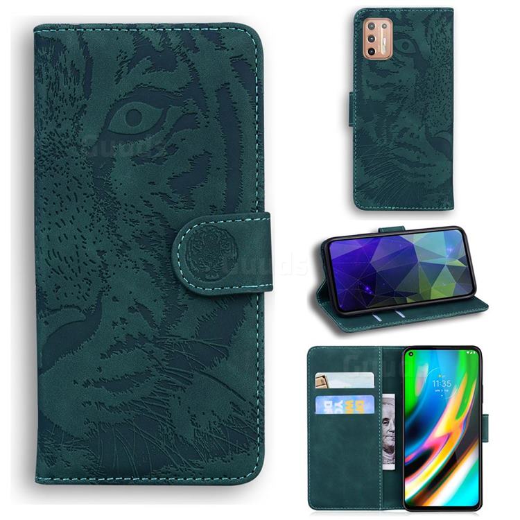 Intricate Embossing Tiger Face Leather Wallet Case for Motorola Moto G9 Plus - Green