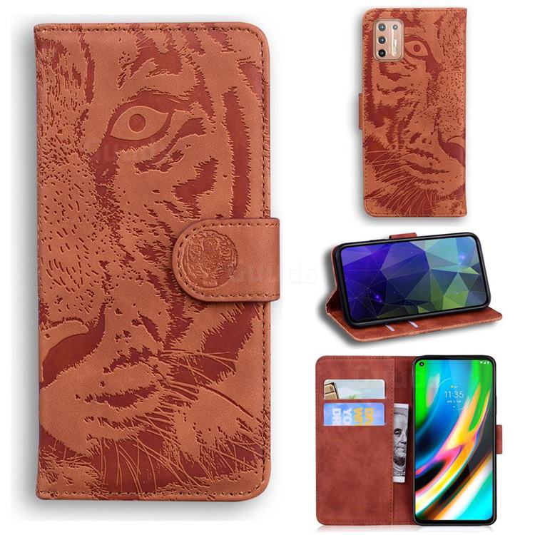 Intricate Embossing Tiger Face Leather Wallet Case for Motorola Moto G9 Plus - Brown