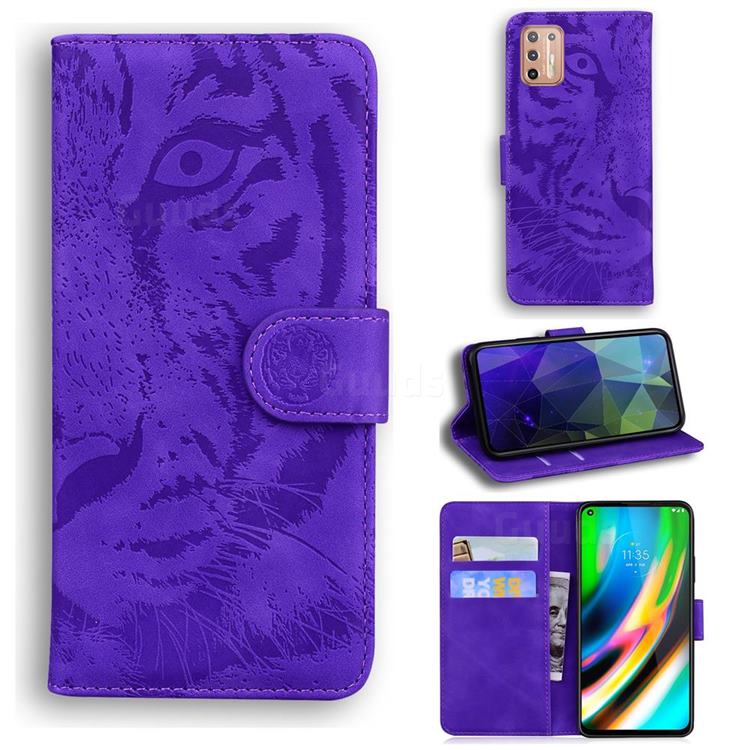 Intricate Embossing Tiger Face Leather Wallet Case for Motorola Moto G9 Plus - Purple