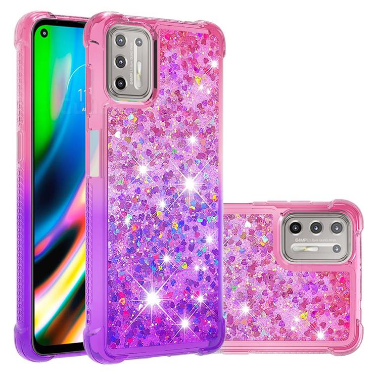 Rainbow Gradient Liquid Glitter Quicksand Sequins Phone Case for Motorola Moto G9 Plus - Pink Purple