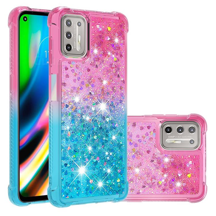Rainbow Gradient Liquid Glitter Quicksand Sequins Phone Case for Motorola Moto G9 Plus - Pink Blue
