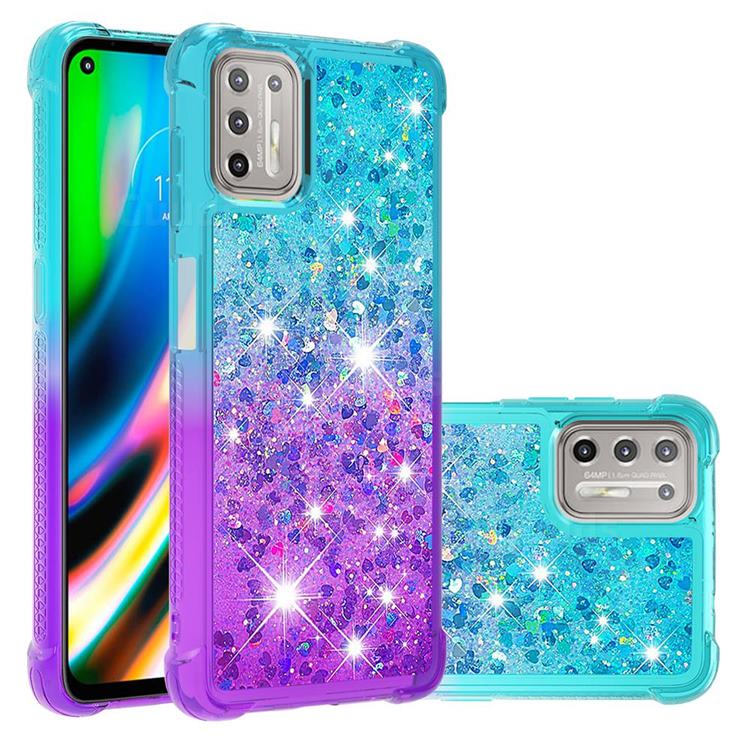 Rainbow Gradient Liquid Glitter Quicksand Sequins Phone Case for Motorola Moto G9 Plus - Blue Purple