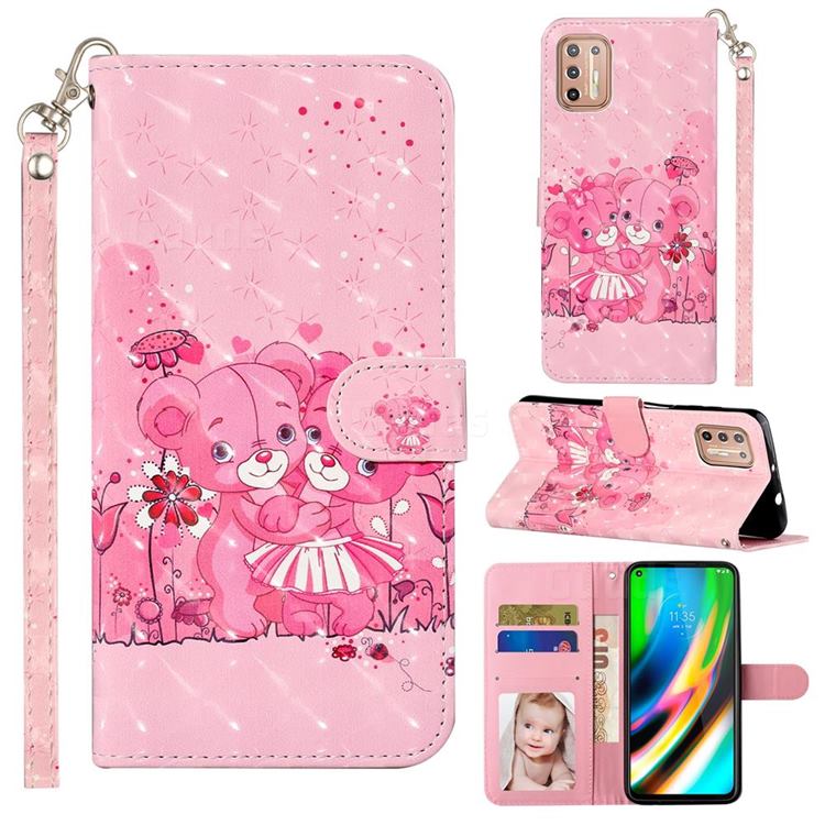 Pink Bear 3D Leather Phone Holster Wallet Case for Motorola Moto G9 Plus