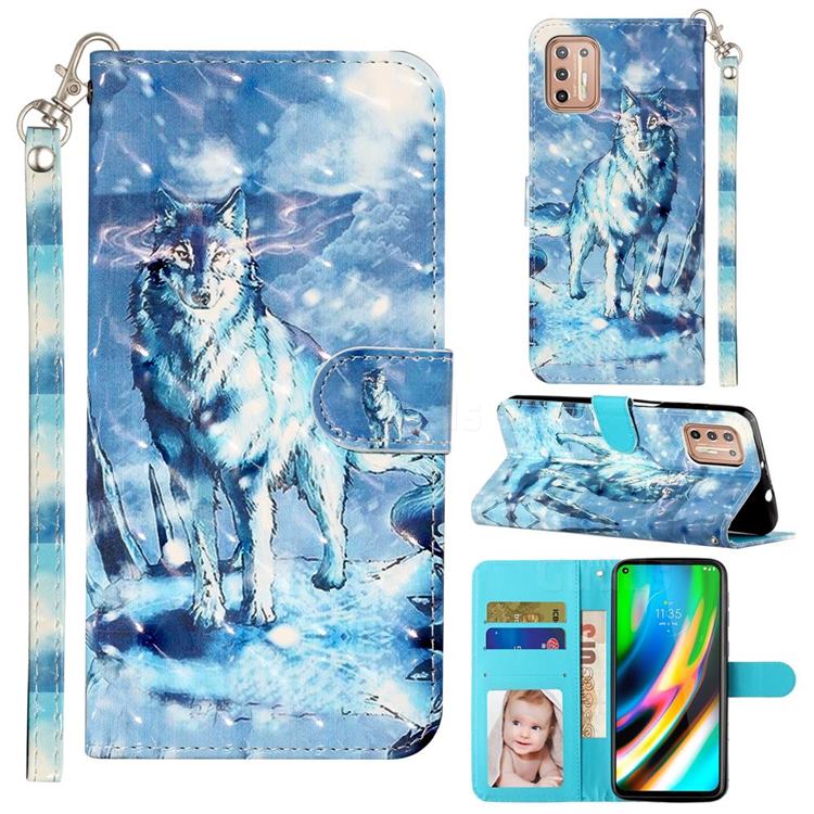 Snow Wolf 3D Leather Phone Holster Wallet Case for Motorola Moto G9 Plus