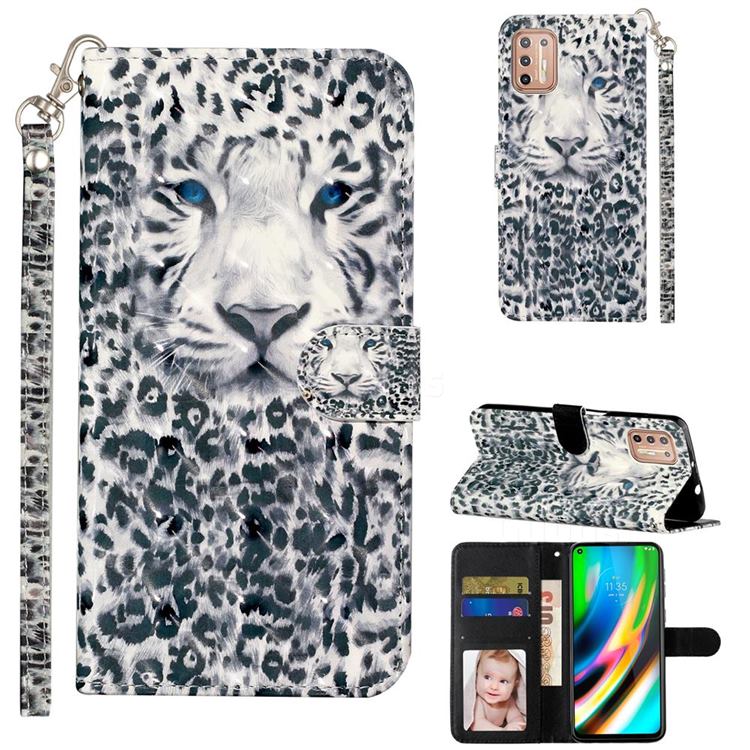 White Leopard 3D Leather Phone Holster Wallet Case for Motorola Moto G9 Plus