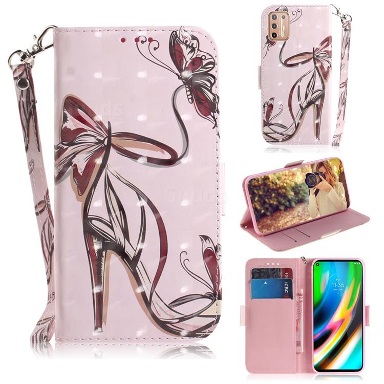 Butterfly High Heels 3D Painted Leather Wallet Phone Case for Motorola Moto G9 Plus