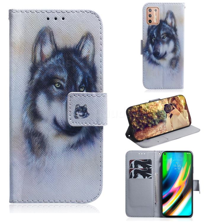 Snow Wolf PU Leather Wallet Case for Motorola Moto G9 Plus