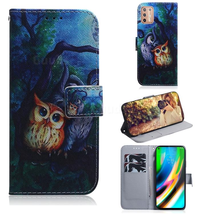 Oil Painting Owl PU Leather Wallet Case for Motorola Moto G9 Plus