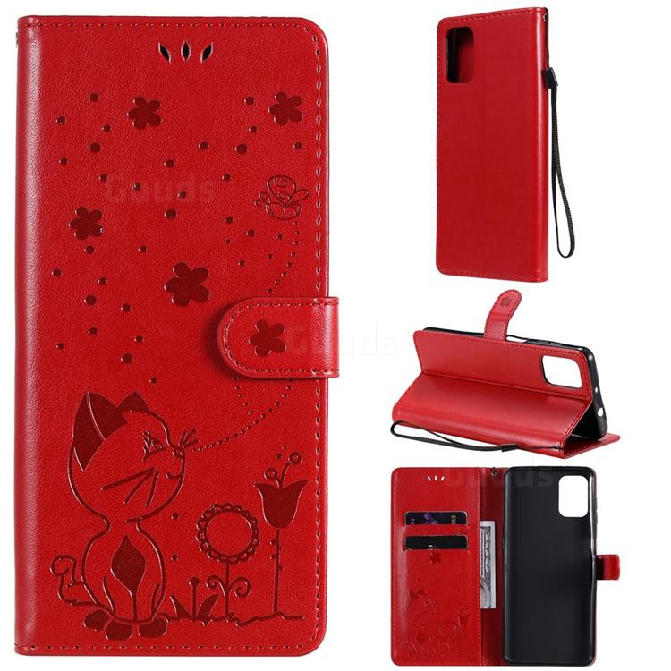 Embossing Bee and Cat Leather Wallet Case for Motorola Moto G9 Plus - Red