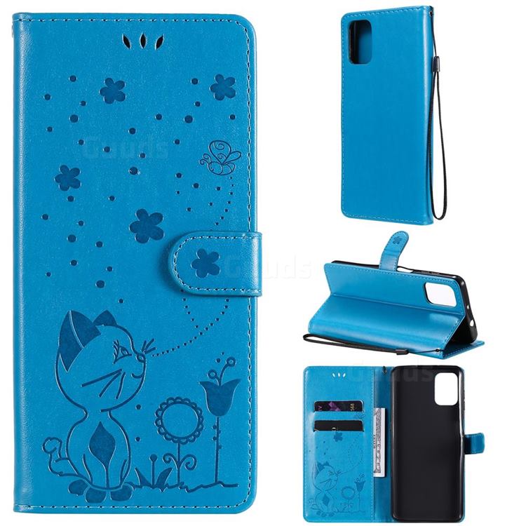 Embossing Bee and Cat Leather Wallet Case for Motorola Moto G9 Plus - Blue