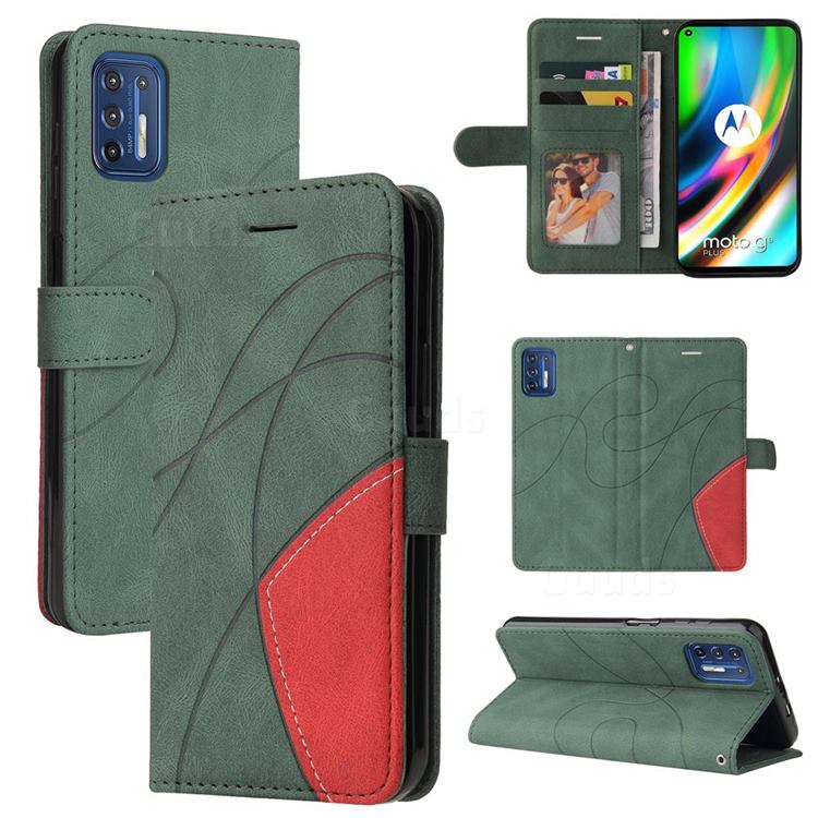 Luxury Two-color Stitching Leather Wallet Case Cover for Motorola Moto G9 Plus - Green