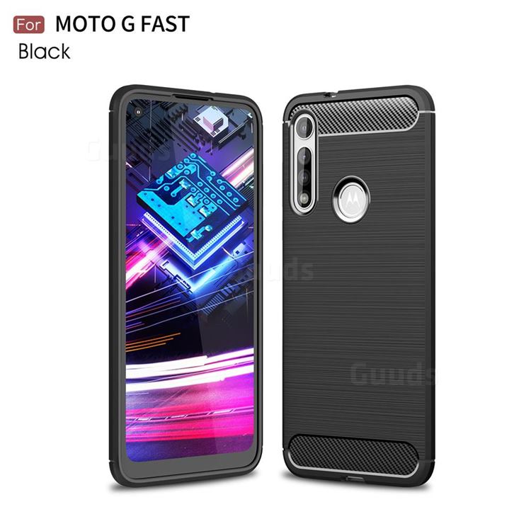 Luxury Carbon Fiber Brushed Wire Drawing Silicone TPU Back Cover for Motorola Moto G Fast - Black