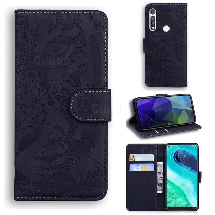 Intricate Embossing Tiger Face Leather Wallet Case for Motorola Moto G Fast - Black