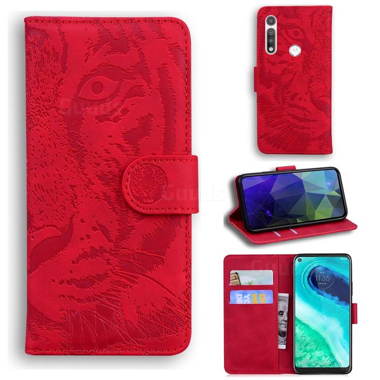 Intricate Embossing Tiger Face Leather Wallet Case for Motorola Moto G Fast - Red