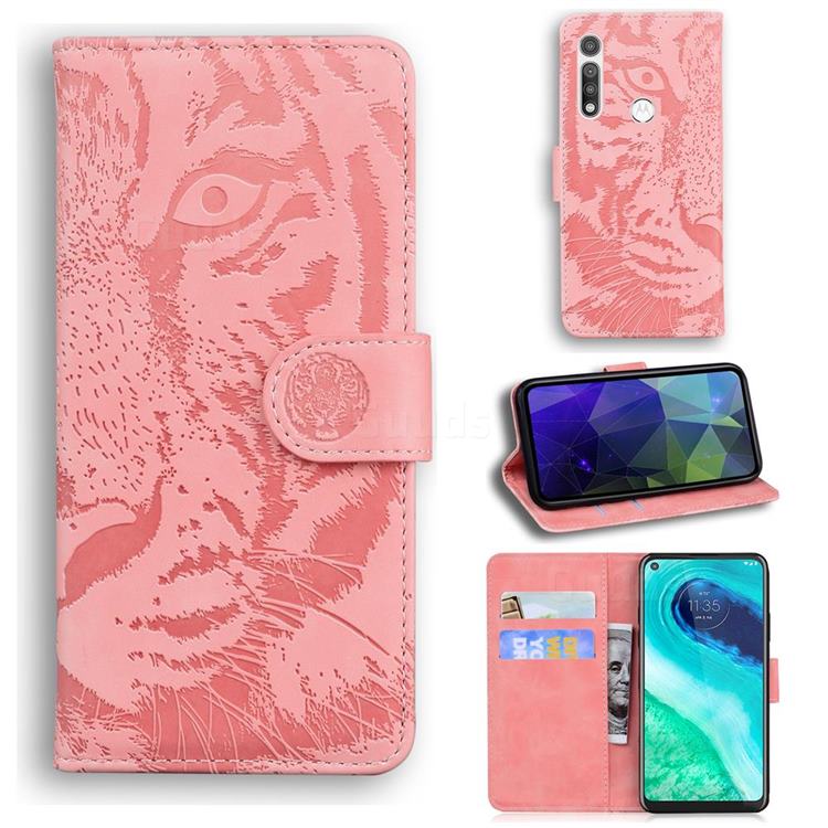 Intricate Embossing Tiger Face Leather Wallet Case for Motorola Moto G Fast - Pink