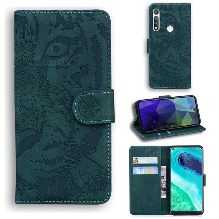 Intricate Embossing Tiger Face Leather Wallet Case for Motorola Moto G Fast - Green