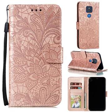 Intricate Embossing Lace Jasmine Flower Leather Wallet Case for Motorola Moto G Play(2021) - Rose Gold