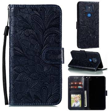 Intricate Embossing Lace Jasmine Flower Leather Wallet Case for Motorola Moto G Play(2021) - Dark Blue
